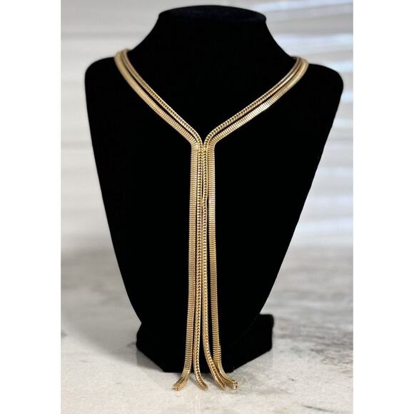 Vintage Hobe Signed MCM Gold Tone Tassel Lariat Statement Necklace